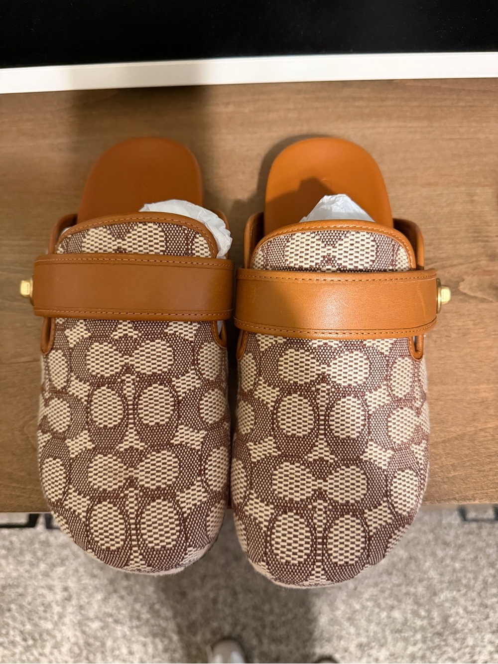Coach Brown Signature Canvas Slide Clogs with Tan Leather Trim